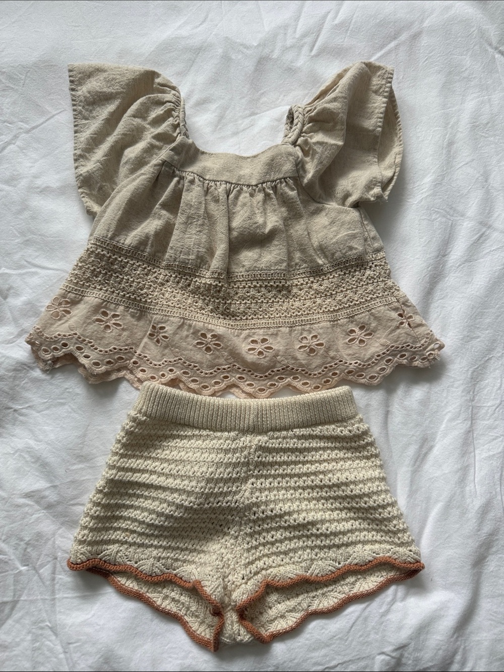 Zara Cream & Beige Crochet Kids Matching Set